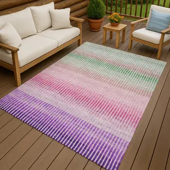 5' X 8' Purple Pink And Green Striped Washable Indoor Outdoor Area Rug
