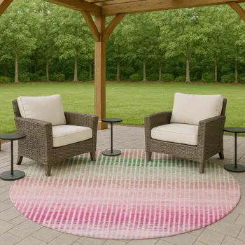 8' Purple Pink And Green Round Striped Washable Indoor Outdoor Area Rug