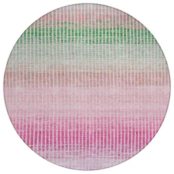 8' Purple Pink And Green Round Striped Washable Indoor Outdoor Area Rug