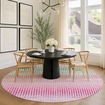 8' Purple Pink And Green Round Striped Washable Indoor Outdoor Area Rug