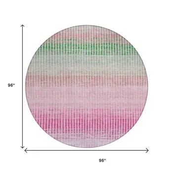 8' Purple Pink And Green Round Striped Washable Indoor Outdoor Area Rug