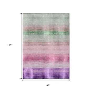 8' X 10' Purple Pink And Green Striped Washable Indoor Outdoor Area Rug