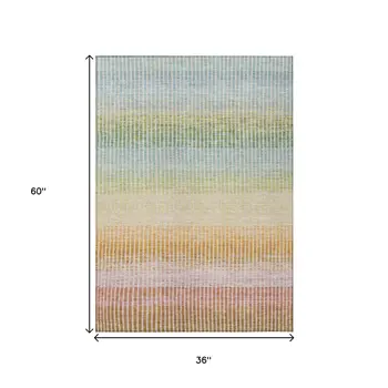 3' X 5' Salmon Blue And Peach Striped Washable Indoor Outdoor Area Rug