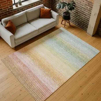 3' X 5' Salmon Blue And Peach Striped Washable Indoor Outdoor Area Rug