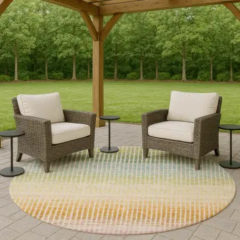 8' Salmon Blue And Peach Round Striped Washable Indoor Outdoor Area Rug