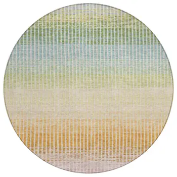 8' Salmon Blue And Peach Round Striped Washable Indoor Outdoor Area Rug