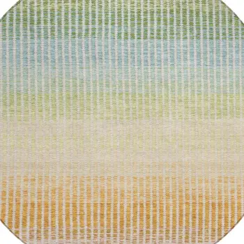 8' Salmon Blue And Peach Round Striped Washable Indoor Outdoor Area Rug