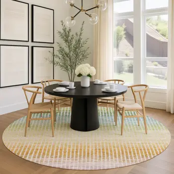 8' Salmon Blue And Peach Round Striped Washable Indoor Outdoor Area Rug