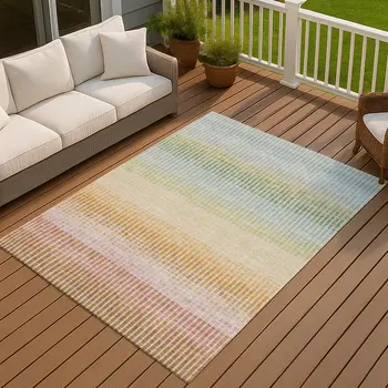 9' X 12' Salmon Blue And Peach Striped Washable Indoor Outdoor Area Rug