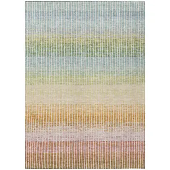 9' X 12' Salmon Blue And Peach Striped Washable Indoor Outdoor Area Rug