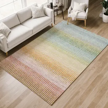 9' X 12' Salmon Blue And Peach Striped Washable Indoor Outdoor Area Rug