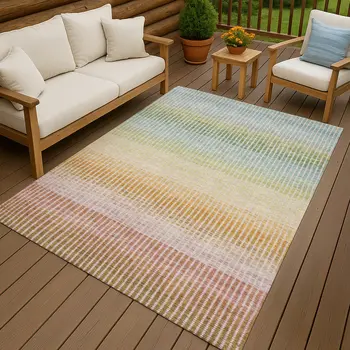 9' X 12' Salmon Blue And Peach Striped Washable Indoor Outdoor Area Rug