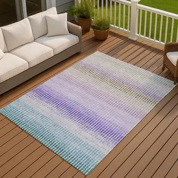 3' X 5' Teal Blue Purple And Gray Striped Washable Indoor Outdoor Area Rug