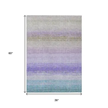 3' X 5' Teal Blue Purple And Gray Striped Washable Indoor Outdoor Area Rug