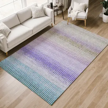 3' X 5' Teal Blue Purple And Gray Striped Washable Indoor Outdoor Area Rug