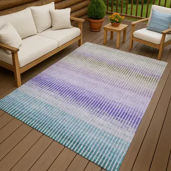 3' X 5' Teal Blue Purple And Gray Striped Washable Indoor Outdoor Area Rug