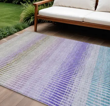 9' X 12' Teal Blue Purple And Gray Striped Washable Indoor Outdoor Area Rug