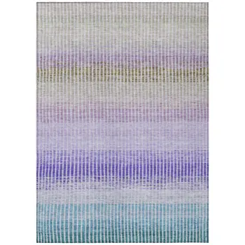 9' X 12' Teal Blue Purple And Gray Striped Washable Indoor Outdoor Area Rug