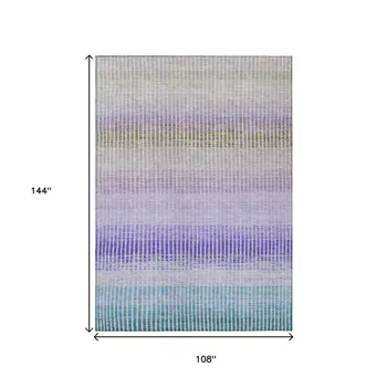 9' X 12' Teal Blue Purple And Gray Striped Washable Indoor Outdoor Area Rug
