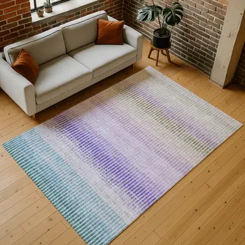 9' X 12' Teal Blue Purple And Gray Striped Washable Indoor Outdoor Area Rug
