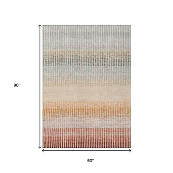 5' X 8' Terra Cotta Orange And Gray Striped Washable Indoor Outdoor Area Rug