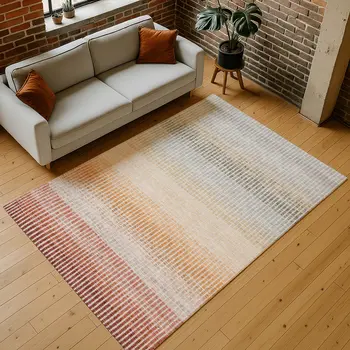 8' X 10' Terra Cotta Orange And Gray Striped Washable Indoor Outdoor Area Rug