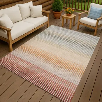 8' X 10' Terra Cotta Orange And Gray Striped Washable Indoor Outdoor Area Rug