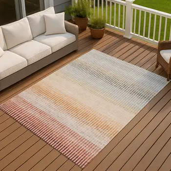 9' X 12' Terra Cotta Orange And Gray Striped Washable Indoor Outdoor Area Rug