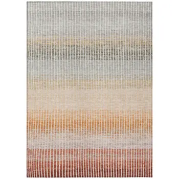 9' X 12' Terra Cotta Orange And Gray Striped Washable Indoor Outdoor Area Rug