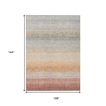 9' X 12' Terra Cotta Orange And Gray Striped Washable Indoor Outdoor Area Rug