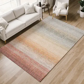 9' X 12' Terra Cotta Orange And Gray Striped Washable Indoor Outdoor Area Rug