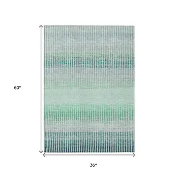 3' X 5' Turquoise Ivory And Gray Striped Washable Indoor Outdoor Area Rug