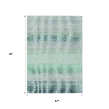 5' X 8' Turquoise Ivory And Gray Striped Washable Indoor Outdoor Area Rug