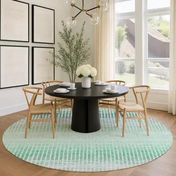 8' Turquoise Ivory And Gray Round Striped Washable Indoor Outdoor Area Rug
