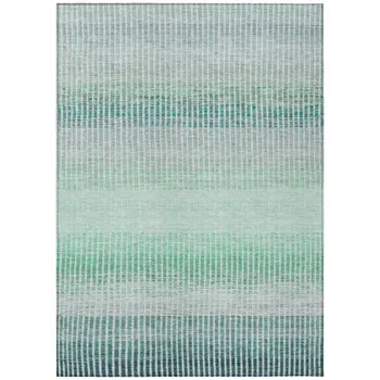 8' X 10' Turquoise Ivory And Gray Striped Washable Indoor Outdoor Area Rug
