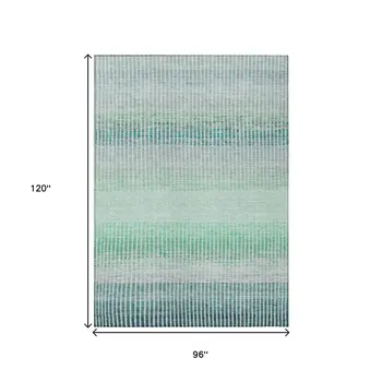 8' X 10' Turquoise Ivory And Gray Striped Washable Indoor Outdoor Area Rug