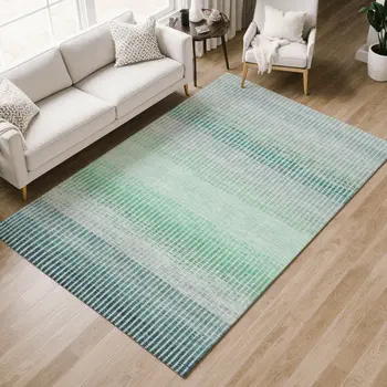 8' X 10' Turquoise Ivory And Gray Striped Washable Indoor Outdoor Area Rug