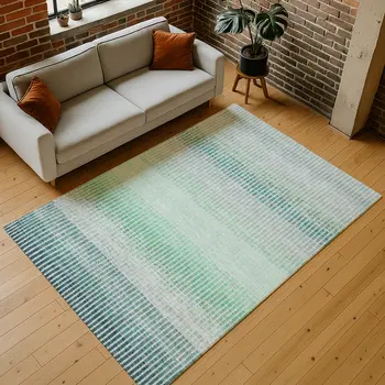 8' X 10' Turquoise Ivory And Gray Striped Washable Indoor Outdoor Area Rug