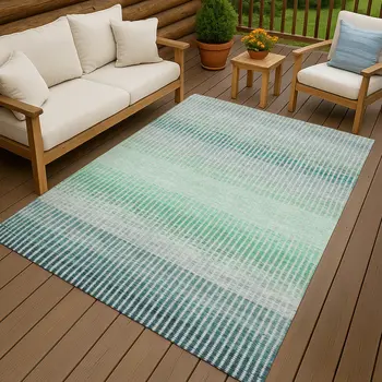 8' X 10' Turquoise Ivory And Gray Striped Washable Indoor Outdoor Area Rug