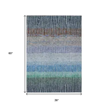 3' X 5' Blue Brown And Green Striped Washable Indoor Outdoor Area Rug