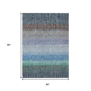 5' X 8' Blue Brown And Green Striped Washable Indoor Outdoor Area Rug