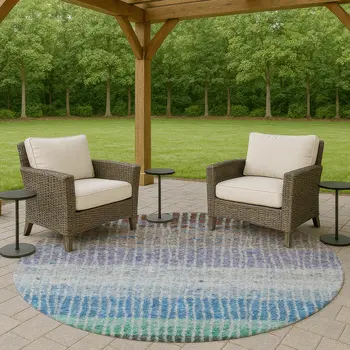 8' Blue Brown And Green Round Striped Washable Indoor Outdoor Area Rug