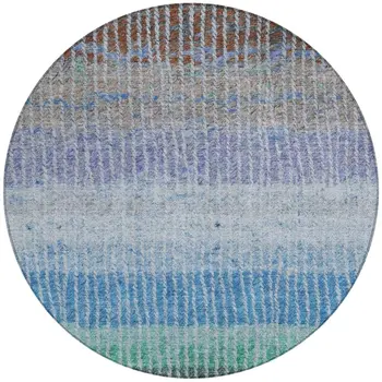 8' Blue Brown And Green Round Striped Washable Indoor Outdoor Area Rug