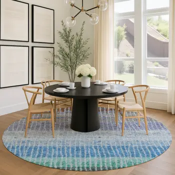 8' Blue Brown And Green Round Striped Washable Indoor Outdoor Area Rug