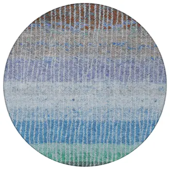 8' Blue Brown And Green Round Striped Washable Indoor Outdoor Area Rug