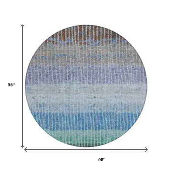8' Blue Brown And Green Round Striped Washable Indoor Outdoor Area Rug