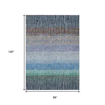 8' X 10' Blue Brown And Green Striped Washable Indoor Outdoor Area Rug