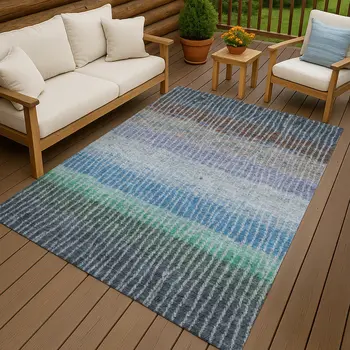 9' X 12' Blue Brown And Green Striped Washable Indoor Outdoor Area Rug