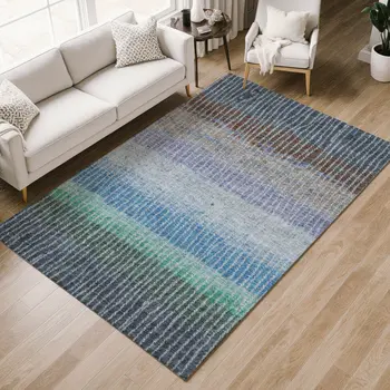 10' X 14' Blue Brown And Green Striped Washable Indoor Outdoor Area Rug