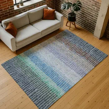 10' X 14' Blue Brown And Green Striped Washable Indoor Outdoor Area Rug